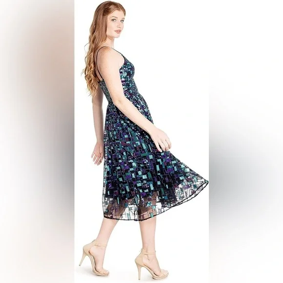 NWOT Dress the Population Womens Maren Fit Flare Midi Spaghetti Strap Dress Size - Picture 3 of 8